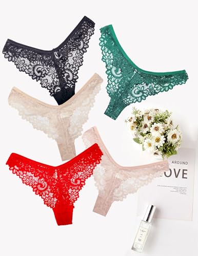 Murimia Sexy Seamless Thongs for Women Lace Underwear Breathable Low Rise T-Back Panties 1-5 Pack3