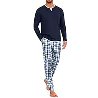 Jahetuul Conjunto de Pijama Hombre Largo Algodón Cuello Redondo con Diseño de Escote en Capas Ropa de Dormir Cálida para Otoño e Invierno