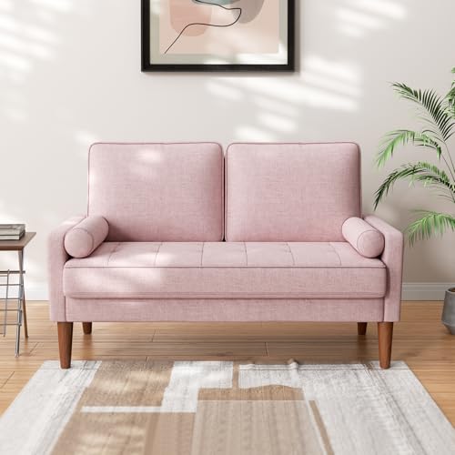 Vesgantti Petit Canapé 2 Places Rose, Canapé en Lin 121cm avec Coussin à Ressorts, Mini Chambre avec Accoudoirs, Chambre de Salon Moderne, Causeuse Fixe 2 Places, Rose Causeuse