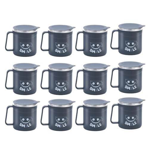 Image of ATTRO Happy Mug Set of 12-Comes with Double Wall Inner Stainless Still & Lid Stylish Cup Ideal for Hot Coffee, Tea - 300ml-Grey