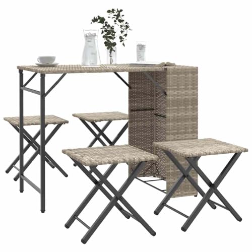 Nqyjm Salon de Jardin Ensemble Salle à Manger de Jardin 5 Pièce Pliable Gris Clair Poly rotin pour 4 Personnes, Table et 4 Tabouret Ensemble Mobilier...