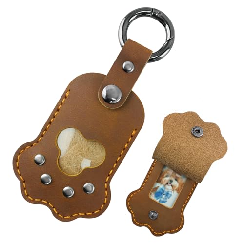 VICHERIA Pet Memorial Keychain,Dog Hair Handmade Full Grain Leather Paw Shape Keychain for Dog Cat...