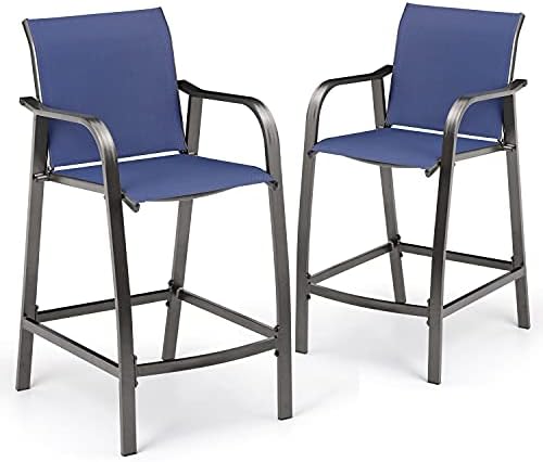 Pellebant Aluminum Outdoor Bar Stool Set of 2, Patio Counter Height Stools & Bar Chairs All-Weather for Backyard, Pool, Garden, Deck,Brown Frame, 27.5'' Seat Height,270 lb Capacity-Navy Blue