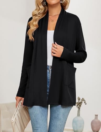 Womens Lightweight Open Front Cardigan Casual Loose Long Sleeve Cardigans with Pockets Black Sweater