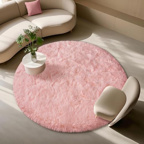 Pink Fluffy Rugs for Bedoom Girls, 4x4 Small Round Soft Faux Fur Area Rug - Cozy Fuzzy Plush Non-Slip Shaggy Carpet for Living Room, Kids Girls Room Home Dorm Nursery