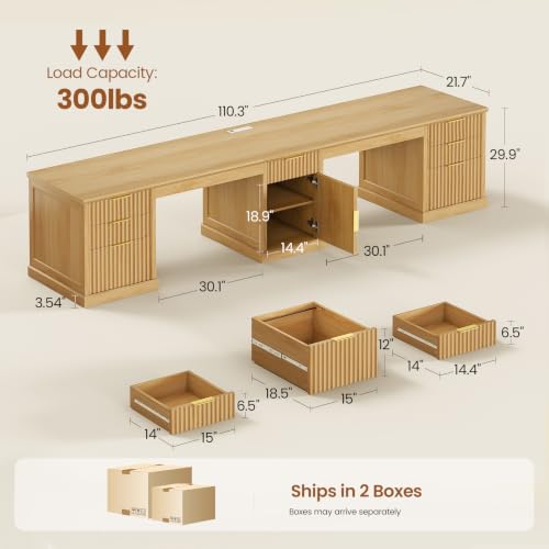 Image of SEDETA Fluted 110.3 inch Two Person Desk with 7 Drawers for Office, Fluted Oak