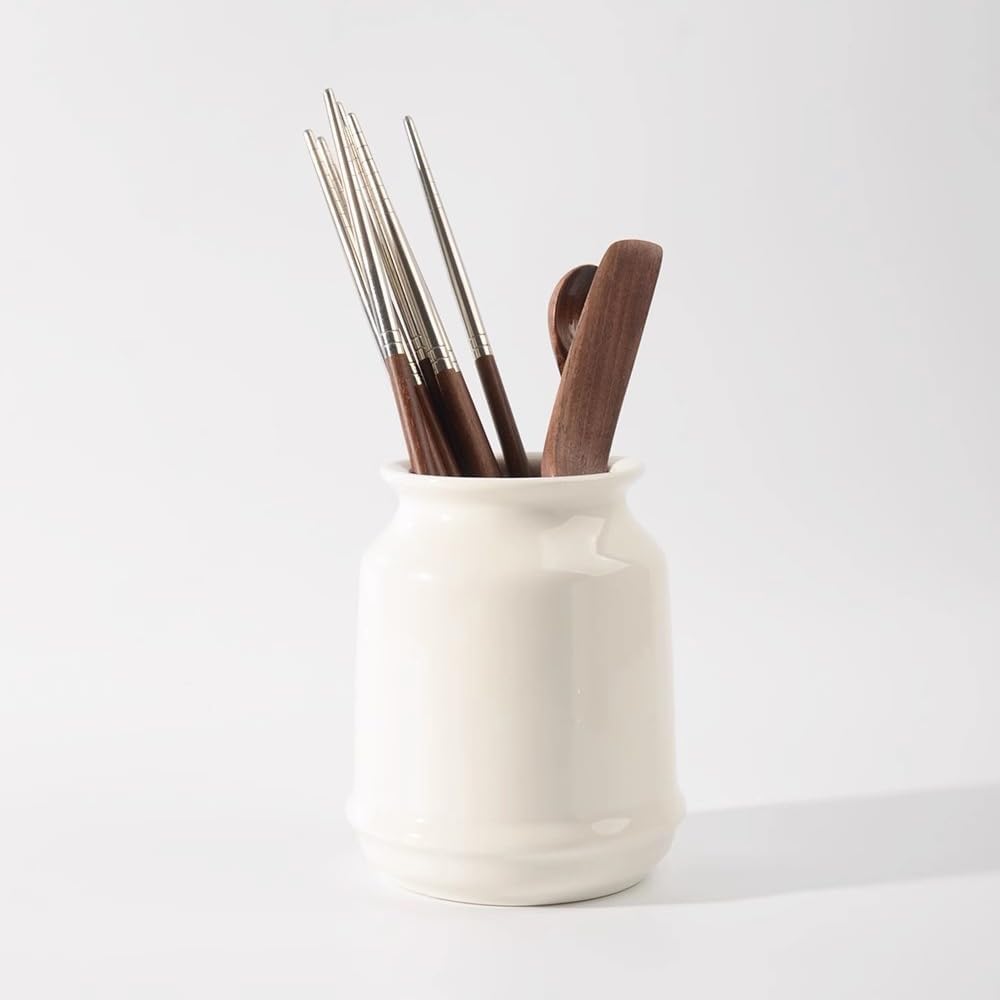Utensil Holder Utensil Holder for Kitchen Counter, Ceramic Utensil Crock Countertop Utensils Organizer, Vintage White Tableware Storage Jar Spoon Chopstick Holder Kitchen Utensil Holder(Large)