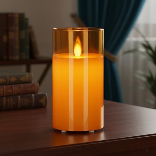 Image of LTETTES Real Wax LED Glass Pillar Flameless Rechargeable Candles | Amber Gold Glass | USB Type-C Wireless Charging Cable | Remote Control Included | Home Decor & Gifting | Set of 1 (7.5 x 15.8 cm)