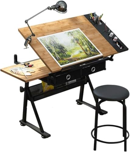 Extra Large Drafting Desks, Standing Tilt Study Table Drafting Craft Table W/2 Drawers, Height Adjustable Tiltable Art Desk, Ultimate Drafting Station for Home Office & Studio