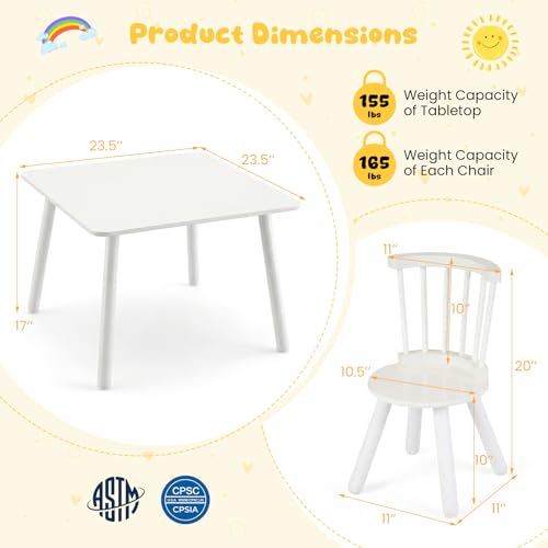 Image of HONEY JOY Kids Table and Chairs, Children Sturdy Wooden Activity Set for Art, Drawing, Reading, Windsor Dining Chairs w /Spindle Back, Toddler Table and Chair Set for Playroom, Daycare (White)