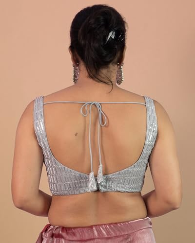 FIGURE'S DESIGNER Women's Sequin Embroidered Sweetheart Neck Sleeveless Readymade Saree Blouse E72