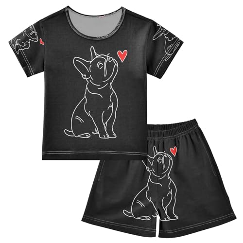 ALAZA Cute Bulldog Black Heart Pajamas Set Short Sleeve Cotton Sleepwear Summer Pjs 2 Piece 5-14Y