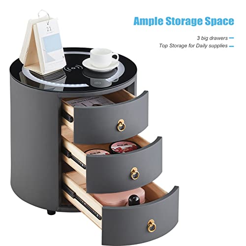 Tukailai Nightstand With Wireless Charging Station And Led Light, Modern Faux Leather Surface Bedside Cabinet With 3 Drawers, Smart End Side Table For Bedroom Living Room (Dark Grey) #TOP4