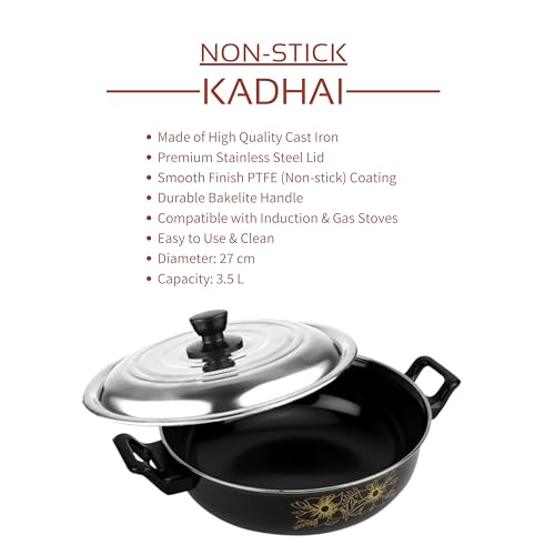 Image of My Store PTFE Non-Stick Kadhai with Lid (3.5 L) - Non Stick Cookwares for Kitchen - Kadhai with Steel Lid [Pack of 2]