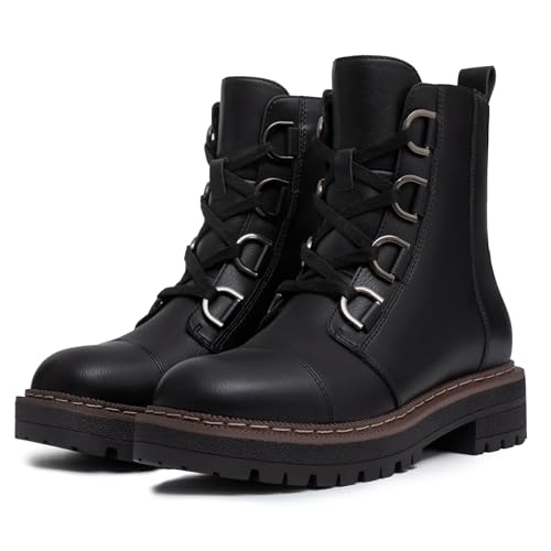 Athlefit Women's Lace-Up Combat Boots Platform Chunky Low Heel Lug Sole Ankle Booties3