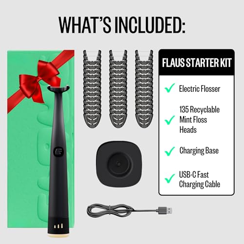 Image of FLAUS Electric Flosser (Oprah's List, Shark Tank) 3 Speeds + 135 Refill Heads Variety Pack (Extra Strong Woven & Gentle Gliding) Water Flosser Alternative, Dentist Tooth Flossers Dental Floss Picks