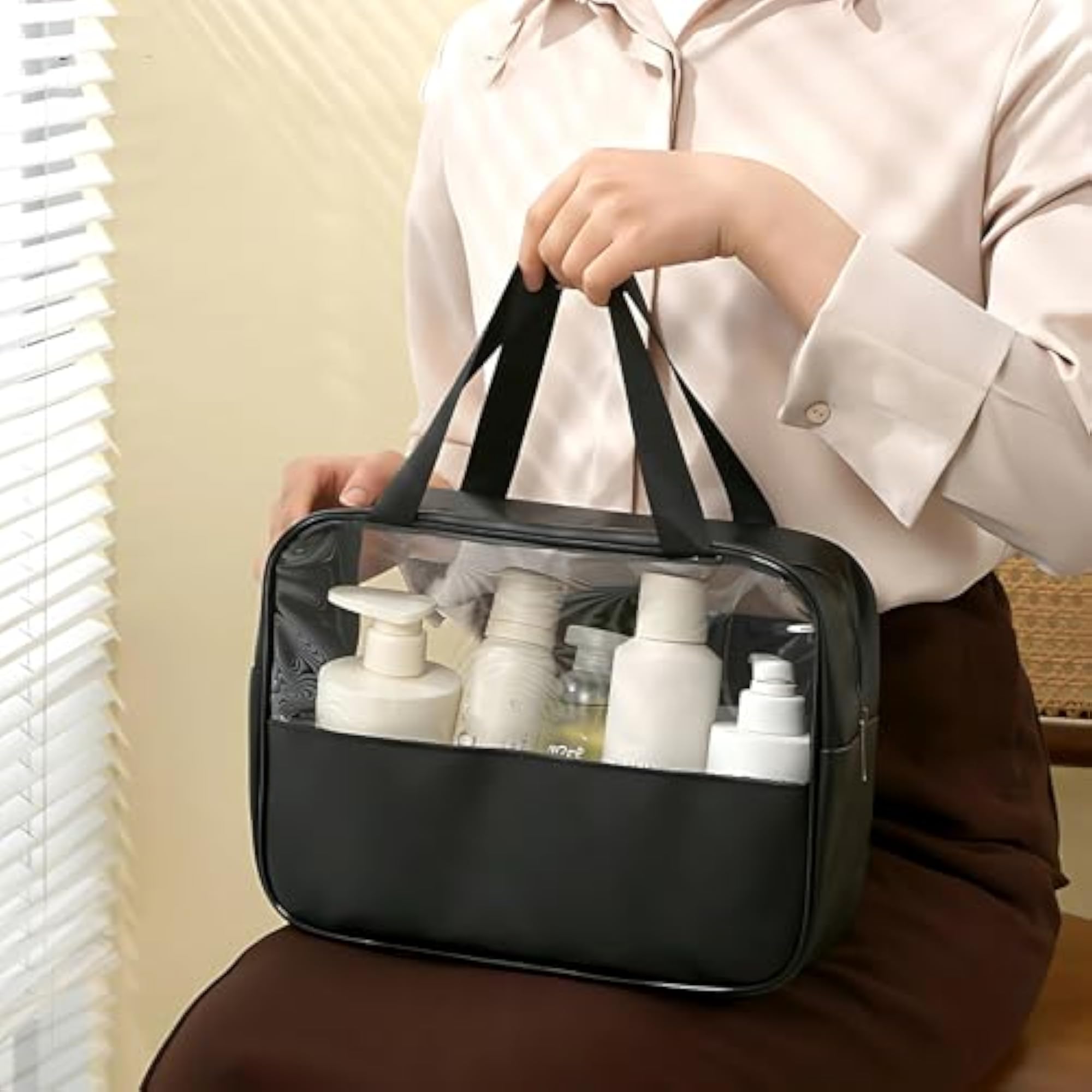 Transparent Cosmetic Bag with Handle, Travel Organizer Pouch