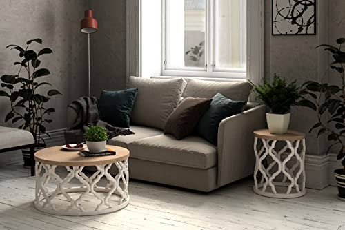 Cozayh F06002 Rustic Farmhouse Coffee Table, Distressed Wood Top Table With Curved Motif Frame Base For Boho, French Country Decor, Round thumb #5