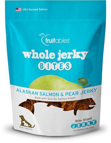 Fruitables Wholesome Canine Treats – Entire Jerky Bites for Canines – Alaskan Salmon & Pear Flavored – 5 Ounces Fruitables Wholesome Canine Treats – Entire Jerky Bites for Canines – Alaskan Salmon & Pear Flavored – 5 Ounces