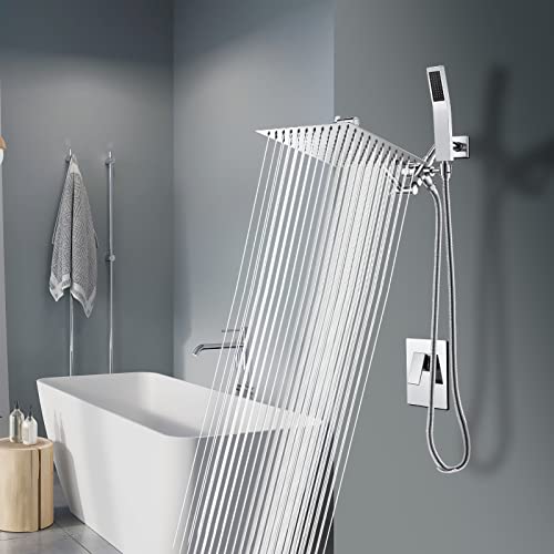 Psylc All Metal Shower Faucet Set (10-Inch Chrome)/Rain Shower Head With Handheld (Including Pressure Balance Rough-In Valve), Dual Showerhead Combo/Square Rainfall Shower System For Bathroom #TOP6
