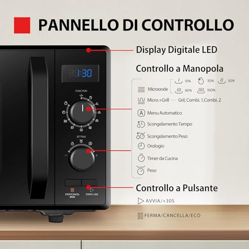 Toshiba 3-in-1 Forno a Microonde con Grill e Cottura combinata, 23 L, Piatto Girevole con Memoria di Posizione, Timer, Luci LED Integrate, Programma pizza, Nero - Immagine 2