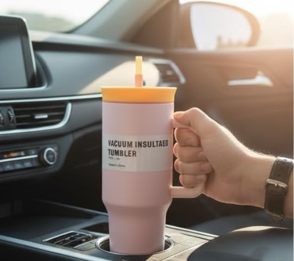 Image of HomeCloud 1200ml Insulated Coffee Tumbler with Lid - Double Wall Travel Mug for Hot & Cold Drinks, Leak-Proof, Durable, Portable, Stylish Stainless Steel Design (Pink with Orange Lid)