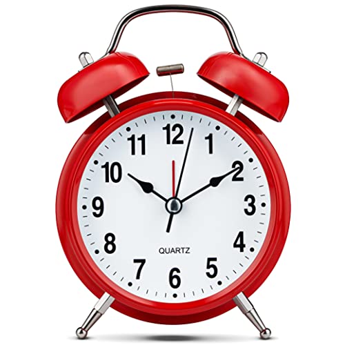 Image of Bernhard Products Analog Alarm Clock 4 inch Twin Bell Red Silent Non-Ticking Quartz Battery Operated Extra Loud with Backlight for Bedside Desk, Retro (Red)