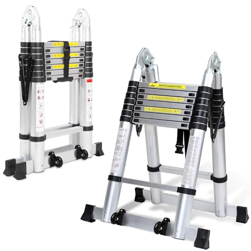 Tubiaz Échelle télescopique Pliable en Aluminium, 5 m (2,5 + 2,5 m), Grande applicabilité, échelle multifonctionnelle, Pliable, échelle multifonctionnelle, jusqu'à...