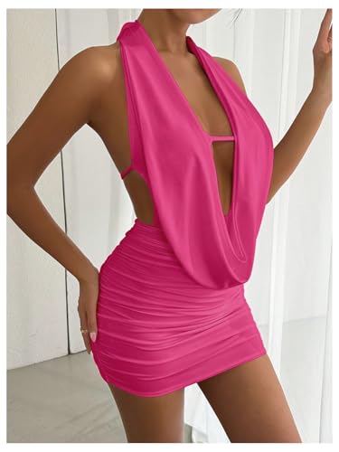 Image of SOLY HUX Women's Sexy Deep V Neck Halter Bodycon Mini Dress Sleeveless Party Club Dresses