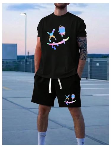 GORGLITTER Men's 2 Piece Outfits Reflective Shorts Sleeve T Shirt and Shorts Sets Drippy Clothes Rave Outfits4