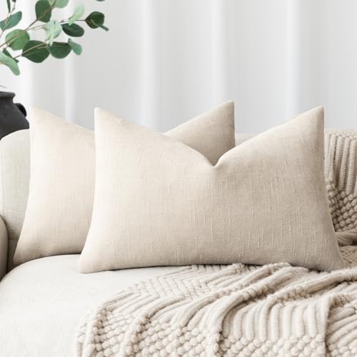 Image of Foindtower Pack of 2 Soft Textured Throw Decorative Pillow Covers Lumbar Accent Solid Cushion Cover Cozy Neutral Farmhouse Pillow Case for Couch Sofa Bedroom Living Room 12x24 Inch, Light Beige