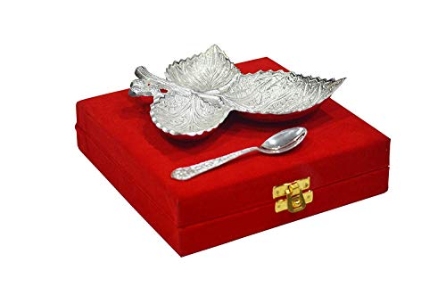Indian Accent Silver Plated Brass Leaf Shaped Bowl 7 With Spoon Royal Design From - Image 2