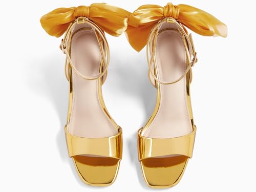 Image of Coutgo Women's Bow Tie Heeled Sandals Chunky Heels One Strap Satin Ankle Buckle Dress Wedding Shoes