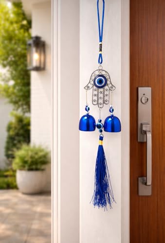 Image of Decorative Wind Chime for Home | Wooden House with Bells Colourful Beads | Positive Energy Balcony Living Room Hall Garden Home Decor (Hand Evil Eye)