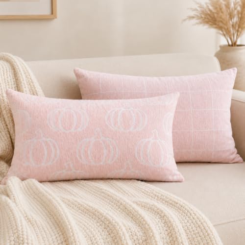 Image of Fall Pumpkin Lumbar Pillow Covers, Autumn Decor (Pink,12x20) | Double-sided pumpkin and plaid designs, thick chenille texture, hidden zipper, for couch, sofa, bed, farmhouse autumn decor