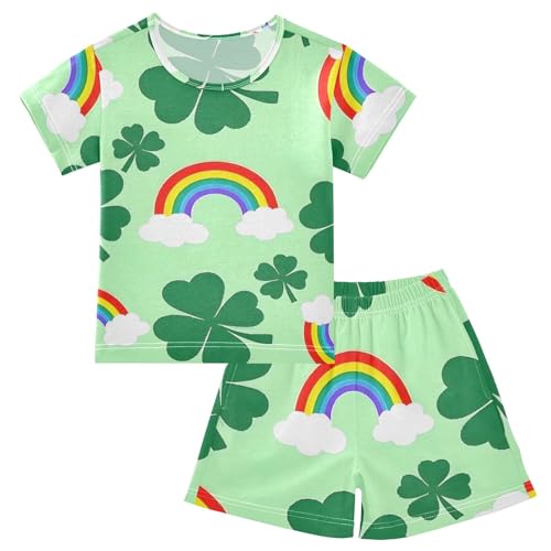 Summer Pajama Set Rainbow Clover Pattern, Short Sleeve Sleepwear Nightwear
