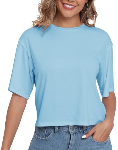 PRIMODA Women's Loose Fit Cropped T Shirts Crew Neck Half Sleeve