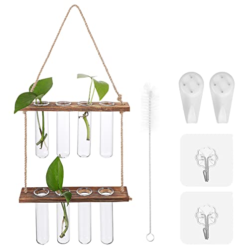 iplusmile Hanging Propagation Station for Plants Glass Test Tube Vases with Wooden Rack Sticky Hooks Nail Hooks Cleaning Brush Plant Supplies for Office Home