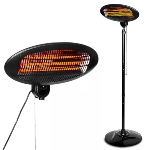 2KW Free Standing Adjustable Patio Heater, Water Resistant Indoor Outdoor Garden Electric Heater, 3 Power Settings, Tilting Head, Height Stand, 2000W, IP34 Rated