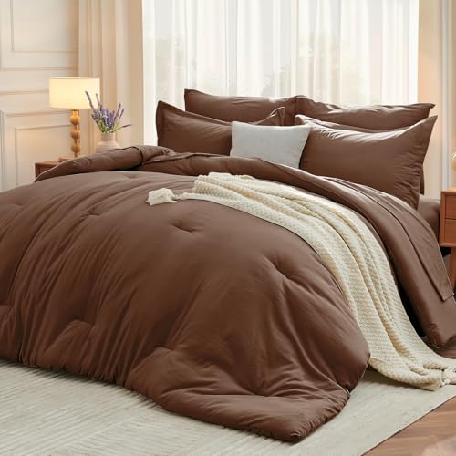 MUXHOMO 5 Pieces Twin XL Comforter Set, Soft Bed in a Bag Twin XL Size, All Season Bedding Set with Comforter, Flat Sheet, Fitted Sheet, Pillowcases & Shams, Brown