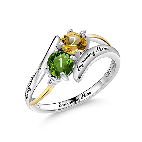 Gem Stone King Build Your Own Customized and Personalized Engraved 2-Stone Round Birthstones 925 Silver and 10K Yellow Gold Lab Grown Diamond Ring (Size 9)