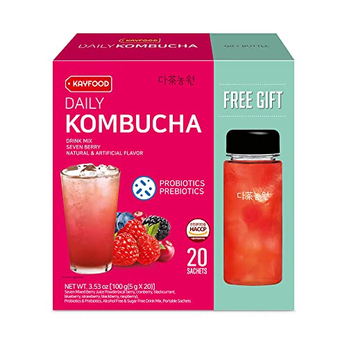 Kayfood Daily Kombucha Powder Tea 5G X 20 Sticks (100G/3.52Oz) With Bottle Sugar Free Diet Tea (Sevenberry Bottle Set) #TOP24