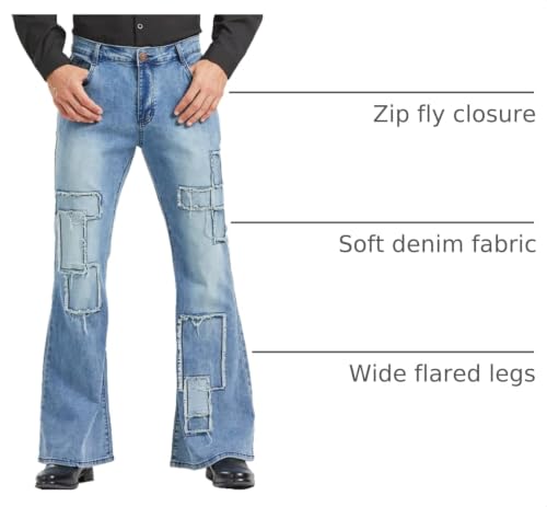 Image of Men's Vintage Flared Leg Denim Jeans Classic Patchwork Bell Bottom Denim Pants