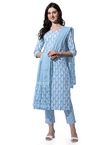 Image of MIRCHI FASHION Pure Cotton Women Straight Printed Embroidery Work Kurti Set with Dupatta and Pant