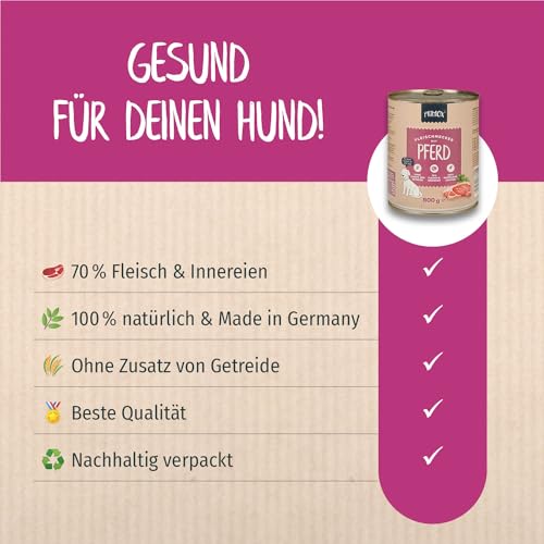 PRIMOX® Fleischmecker Hunde-Nassfutter | Getreidefrei | 70% Fleisch & Innereien | Made in Germany & 100% Natürlich | Omega-3 für Haut & Fell | Gluten- & Laktosefrei (Pferd, 6x800 g)