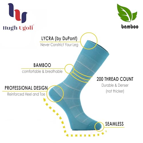 Hugh Ugoli Men's Bamboo Dress Socks for Business, Trouser,Thin, Seamless, Patterned Crew Socks in Gift Box, Shoe Size 7-122