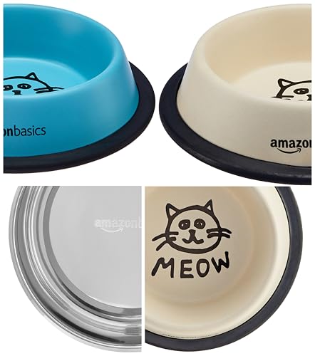Image of Amazon Basics Stainless Steel Pet Feeding Bowls for Dog & Cats | Anti Slip Base | 3 Pcs Set of Bowl 230 ml Each with Canister 860 ml | Multi Colours and Printing