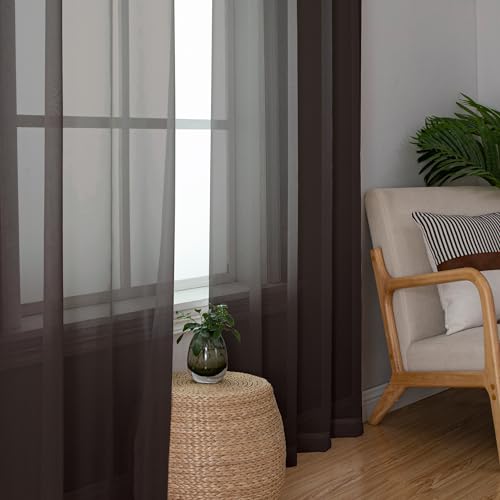 Image of Simplebrand Chocolate Valances 14 Inches Long for Living Room Pocket 2 Panel Light Filtering Sheer Translucent Valence Toppers for Short Window Kitchen Bathroom Bedroom 42x14 Inch Length