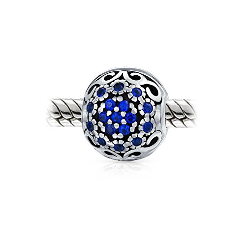 Vintage Style Simulated Sapphire Blue Crystal Floral Swirl Spacer Bead Charm .925 Sterling Silver Core Fits European Bracelet For Women Teen #TOP1