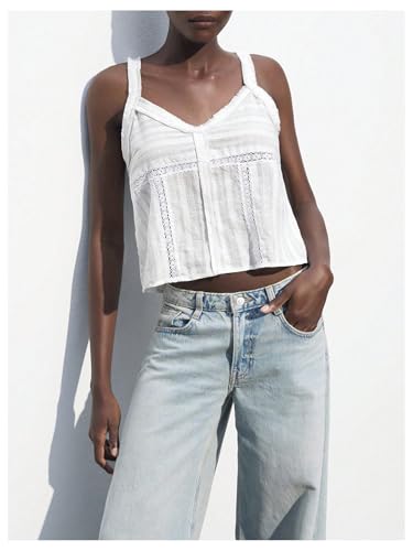 SHENHE Women's Lace Striped Textured V Neck Sleeveless Boho Vacation Crop Tank Tops Cami4